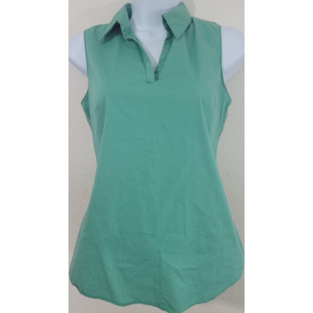 Tahari Seagreen Dolia Sleeveless Shirt XS Lace Back V-Neck Collard Lightweight